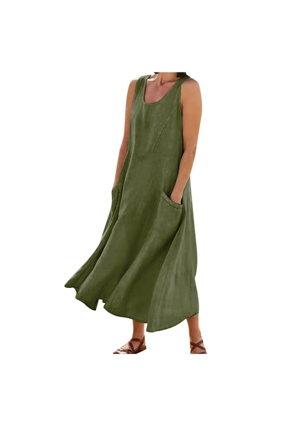 Summer Dresses for Women Casual Loose Cotton Linen Dresses with Pockets Beach Vacation Sleeveless Flowy Sundresses Army Green M