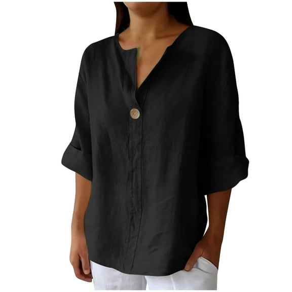 Dezsed Summer Linen Shirts for Women Button Down V Neck 3/4 Sleeve T-Shirt Blouse Casual Loose Basic Solid Tunic Tops Black 5XL