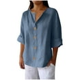 thumbnail image 1 of Dezsed Summer Linen Shirts for Women Button Down V Neck 3/4 Sleeve T-Shirt Blouse Casual Loose Basic Solid Tunic Tops Blue S, 1 of 6