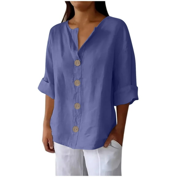 Dezsed Summer Linen Shirts for Women Button Down V Neck 3/4 Sleeve T-Shirt Blouse Casual Loose Basic Solid Tunic Tops Purple 2XL