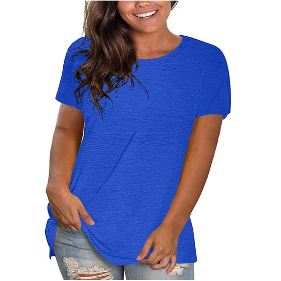 Dezsed Summer Tops for Women Spring Plus Size Short Sleeves O-Neck Casual Tee Tops T-shirt for Beach Party Blue L