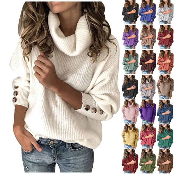Dezsed Sweaters for Women Fall Winter Turtleneck Sweater Lightweight Long Sleeve Pullover Tops Loose Knitted Jumper with Button White 3XL