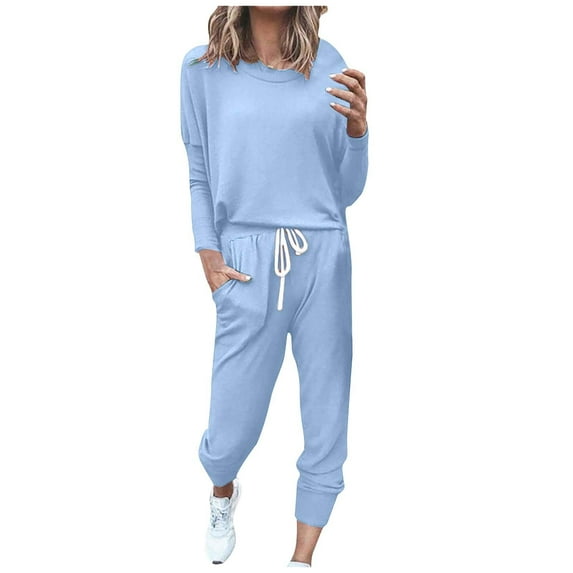 Dezsed Sweatsuit for Women 2 Piece Outfits for Womens Crewneck Sweatshirts Pullover Tops Tracksuit Jogger Set Light Blue M