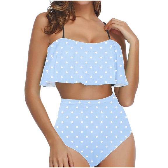 Dezsed Swimsuits for Women 2 Piece Hawaiian Tropical Print Swim Cami Bra and Ruffles Bathing Sets Women Beachwear Blue XL