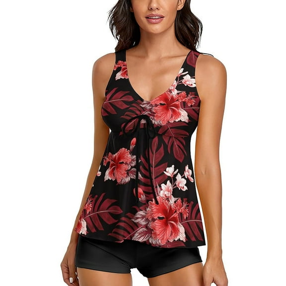 Dezsed Tankini Swimsuits for Women Two Piece Bathing Suits Floral Print Tank Top with Boyshorts Swimwear Wine M