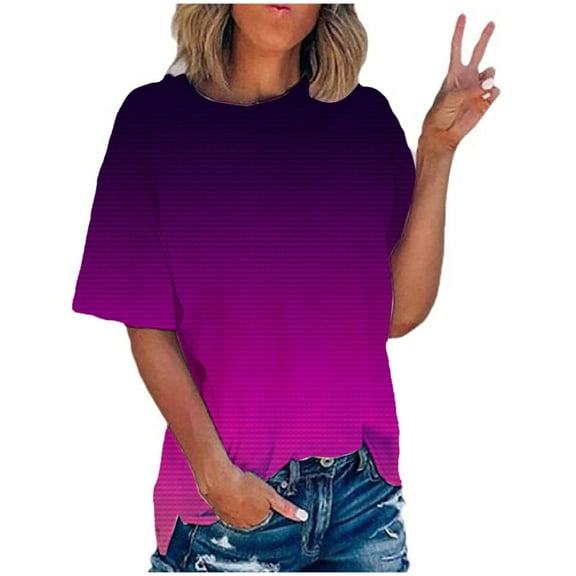 Dezsed Tie Dye T Shirts for Women Plus Size Summer Funny Print Short Sleeve Tops Round Neck Casual Blouse Purple L