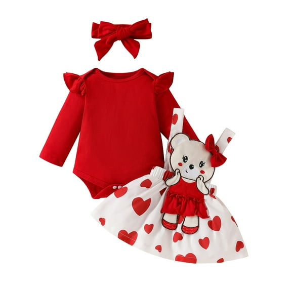 Dezsed Toddler Baby Girl Clothes Solid Color Long Sleeve Ruffle Romper Suspender Skirt Headband Outfits Set for 0-3 Months Red