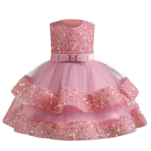Dezsed Toddler Formal Dress Summer New Sleeveless Ruffled Lace Round-Neck Embroidery Mesh Princess Bow Dresses Pink 6-12 Months on Clearance