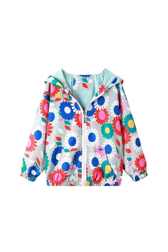 Toddler Rain Jacket Girls Print Packable Lightweight Hooded Raincoats Outdoor Windbreaker Rain Jacket for Kids Gray 7-8 Years