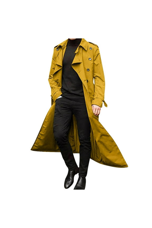 Trench Coat for Men's Fashion Easy Notch Lapel Business Casual Jacket Long Pea Coat Windbreaker Overcoat Tops Yellow S