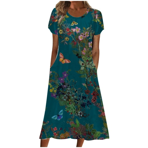 Dezsed Tshirt Dress for Women Casual Plus Size Summer Midi Dress Boho Floral Print Loose Flowy Long Dresses with Pockets Dark Blue L