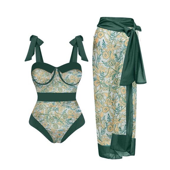 Dezsed Tummy Control Bathing Suits for Women Women's Sexy One-piece Bikini Lace Up Printed Swimsuit Long Skirt Two-piece Sets Swimwear C_Green XXL