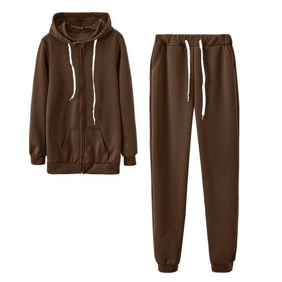 Dezsed Two Piece Outfits Women Zip Drawstring Sweatsuits Solid Color Hooded Sweatshirt and Jogger Pant Tracksuit Sport Suit Brown M on Clearance