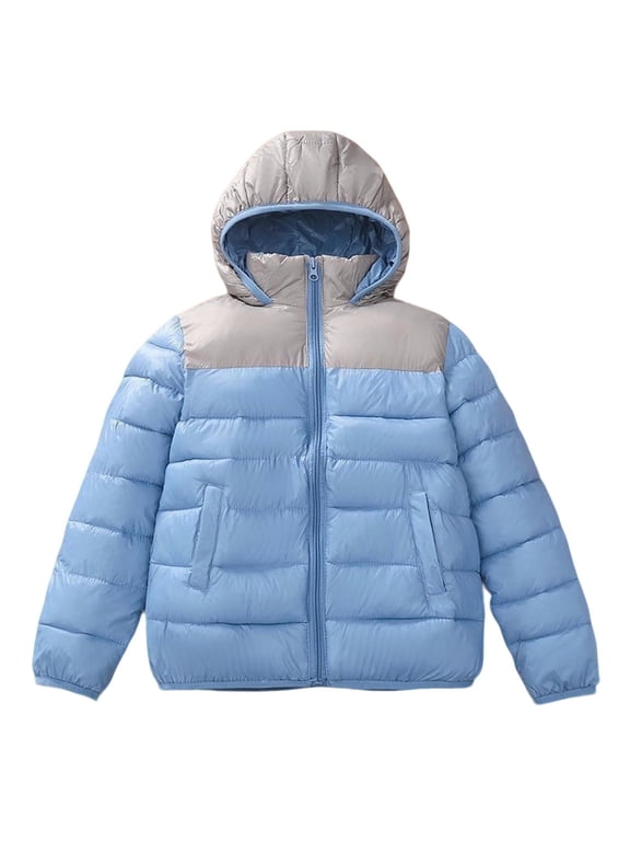 Unisex Boys Girls Hooded Puffer Winter Jackets Long Sleeve Color Block Full Zip Mid-Weight Warm Outerwear Coats 9-10 Years Light Blue