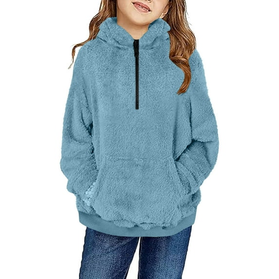 Dezsed Unisex-kids Fuzzy Fleece Pullover Hoodies Sweatshirt Toddlers Girls Boys Fleece Hoody Jackets Kids Zip Up Outerwear Coat Kids Sweatshirt for 5-6 Years Blue