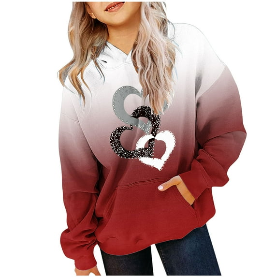Dezsed Valentine's Day Girl Hoodies Oversized Sweatshirts Children's Shirt Long Sleeved Pattern T-shirt Printed Round Neck Hooded Sweatshirt for 13-14 Years Wine