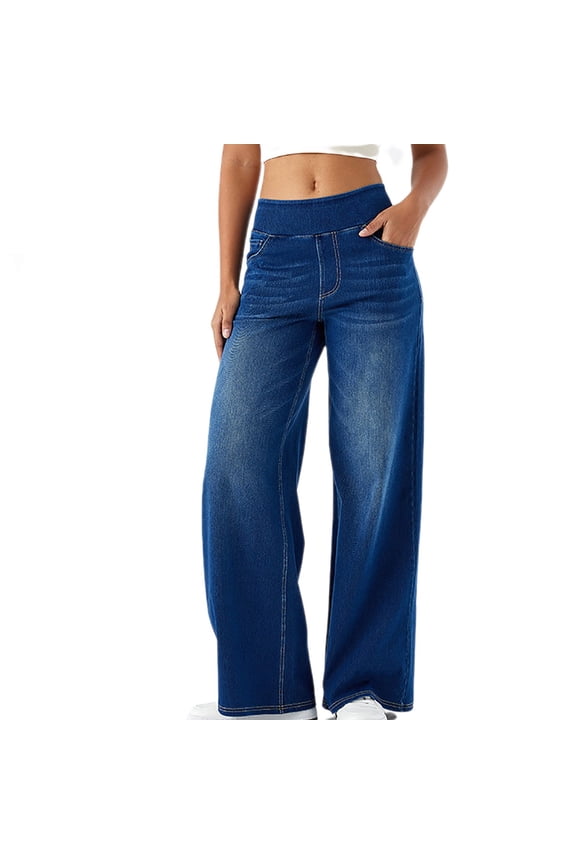Wide Leg Jeans for Women Stretch High Wasited Elastic Waist Straight Leg Jeans Loose Trendy Denim Pants with Pocket Dark Blue M