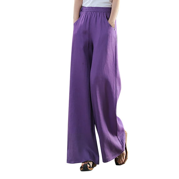 Dezsed Wide Leg Pants for Women Casual Loose Solid Color High Waist Flowy Dressy Trousers with Pockets Purple XXL