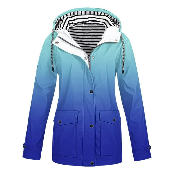 Dezsed Windbreaker Jacket Women Clearance Women Casaul Solid Jackets Outdoor Plus Size Drawstring Zipper Hooded Raincoat Windproof Coat Blue XXXXL
