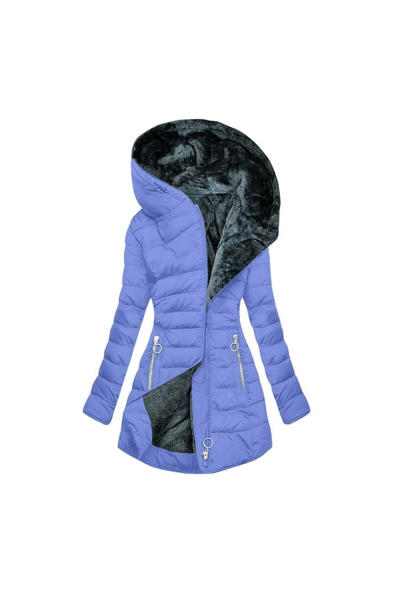 Windbreaker Jacket Women Women's New Solid Color Long-Sleeved Hooded Fashion Cotton-Padded Jacket Blue S