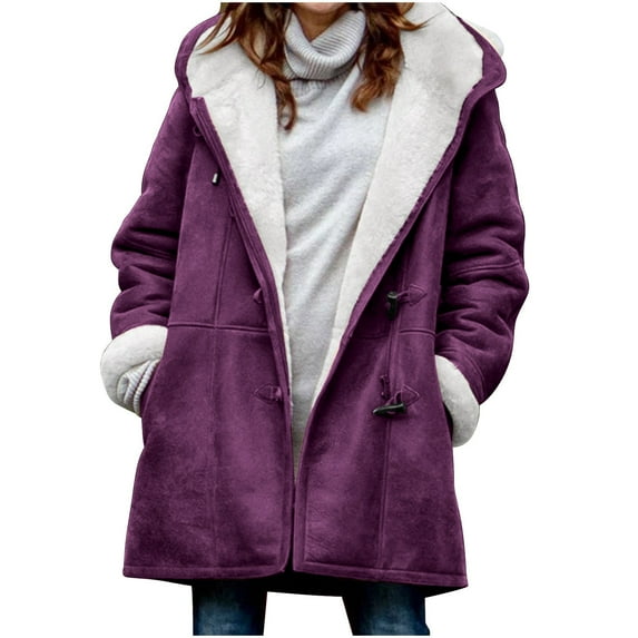 Dezsed Winter Coats for Women Plus Size Sherpa Fleece Outerwear Overcoat Women Plus Size Solid Plus Velvet Coat Long Sleeve Horn Buckle Pocket
