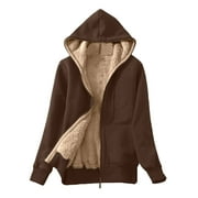 Dezsed Winter Jackets for Women Clearance Women's Fashionable Solid Color Double Layered Plush And Plush Hooded Sweater Jacket Long Sleeved Hooded Casual Jacket/jacket Brown L