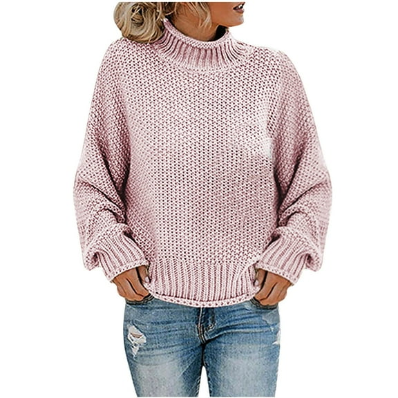 Dezsed Women 2023 Fall Casual Solid Turtleneck Batwing Sleeve Chunky Oversized Ribbed Knit Tunic Sweaters Pullover Tops Pink XXXL