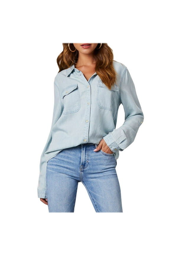 Women Button Denim Shirts Casual Long Sleeve V Neck Chambray Jean Western Blouse Loose Lapel Collar Shirts Tops Light Blue M