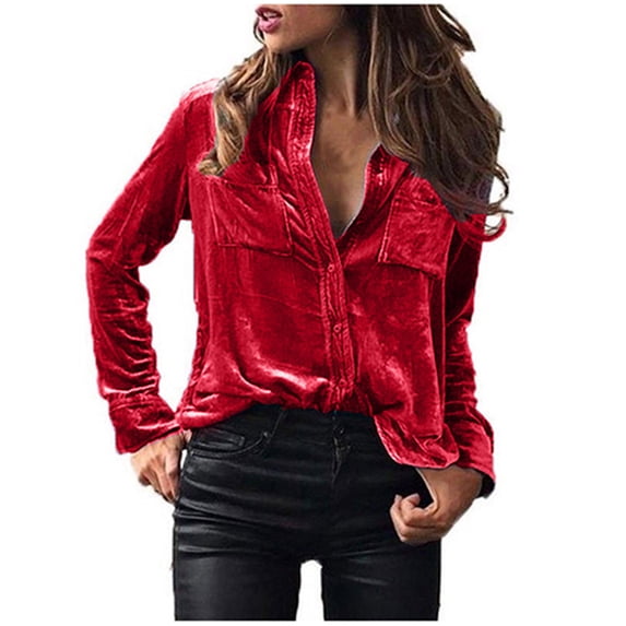 Dezsed Women Button Down Shirts Clearance Fashion Women's Winter Velvet Long Sleeve Button Pocket Casual Shirt Top Red S