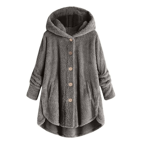 Dezsed Women Casual Fleece Hoodies Tunic Sweatshirt Women Plus Size Button Plush Tops Hooded Loose Cardigan Wool Coat Winter Jacket Dark Gray L