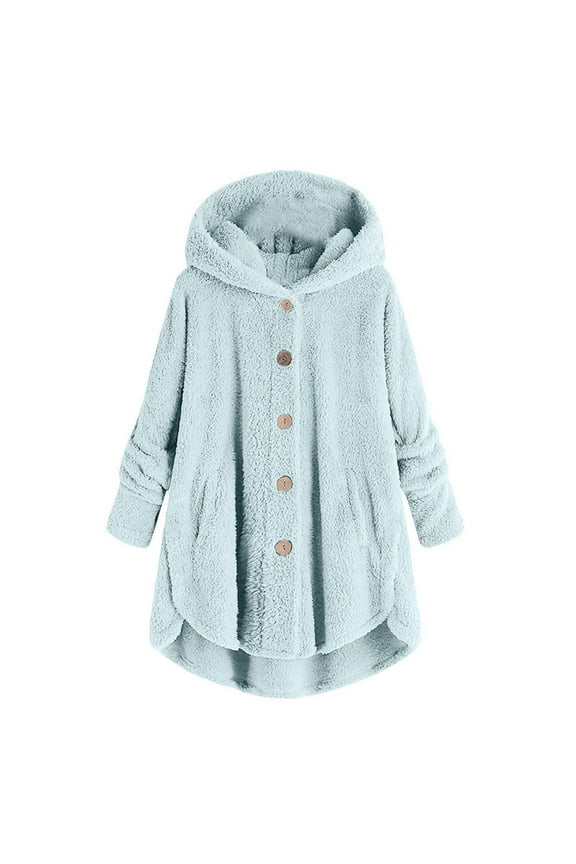 Women Casual Fleece Hoodies Tunic Sweatshirt Women Plus Size Button Plush Tops Hooded Loose Cardigan Wool Coat Winter Jacket Sky Blue XXXXL