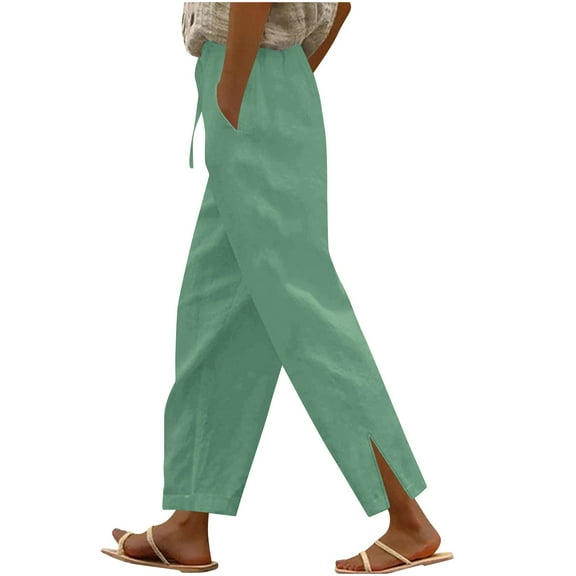 Dezsed Women Casual Lightweight Drawstring Capri Pants with Pockets Wide Leg Cropped Cotton Linen Pants for Women Mint Green S