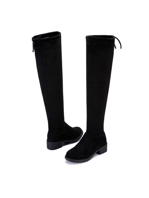 Women Chunky Heel Thigh High Over The Knee Boots Woman Fashion Winter Solid Color Boots Low Heeled High Tube Square Heel Boots Plus Size Leather Boots Black