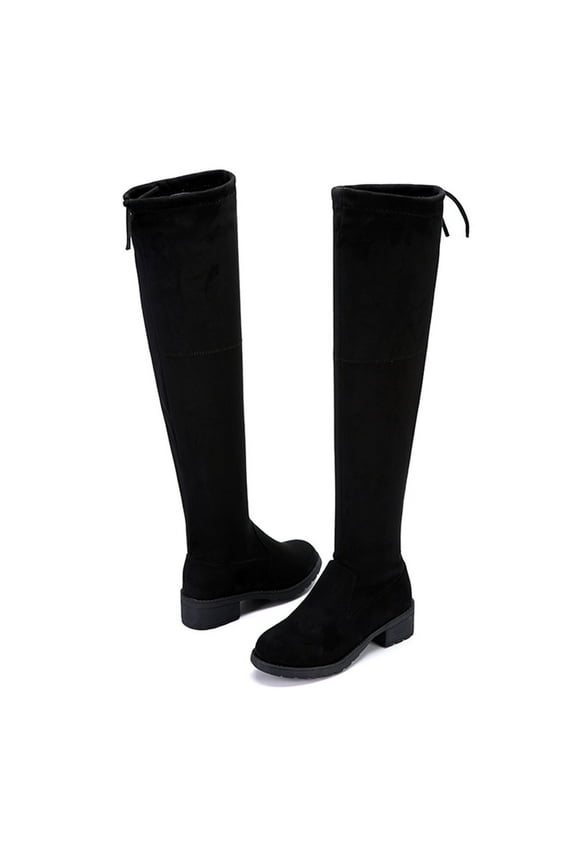 Women Chunky Heel Thigh High Over The Knee Boots Woman Fashion Winter Solid Color Boots Low Heeled High Tube Square Heel Boots Plus Size Leather Boots Black