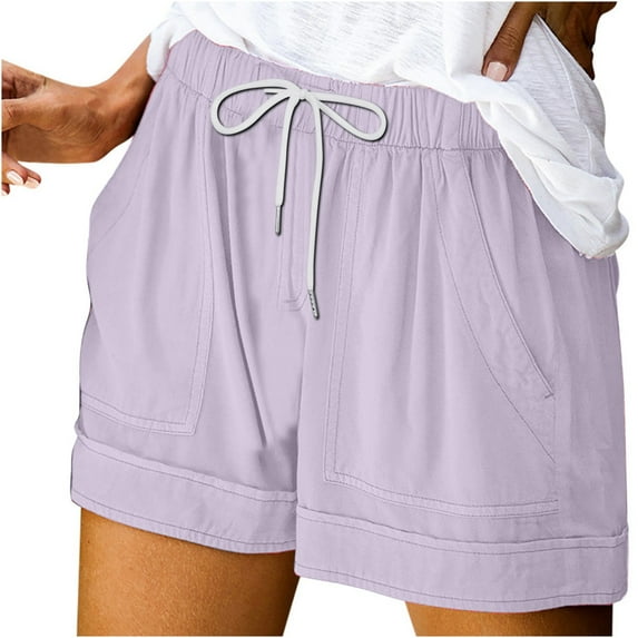 Dezsed Women Comfy Drawstring Casual Elastic Waist Solid Color Shorts Summer Beach Lightweight Short Pants with Pockets Purple D S