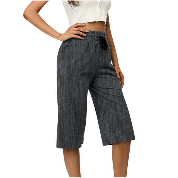 Dezsed Women Comfy Drawstring Elastic Waist Casual Capri Pants Solid Flowy Wide Leg Bermuda Shorts Dark Gray L