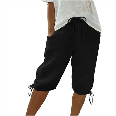 Dezsed Women Cotton Linen Capris Elastic Waist Straight Leg Shorts Pants Casual Loose Comfy Summer Shorts with Pockets Black XL on Clearance