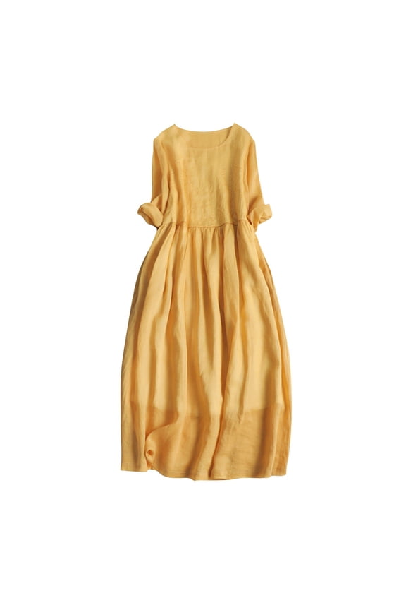 Women Cotton Linen Dress Vintage Embroidered Crewneck 3/4 Sleeve Shirt Dresses Casual Laceup Flowy Midi Dress Yellow L