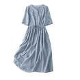 thumbnail image 1 of Dezsed Women Cotton Linen Dress Vintage Embroidered V Neck Elbow-Length Sleeve Shirt Dresses Casual Laceup Flowy Midi Dress Light Blue 2XL, 1 of 7