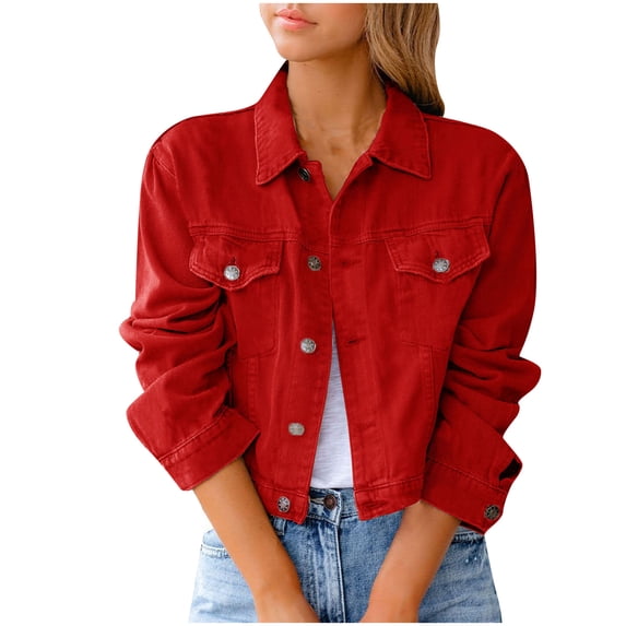 Dezsed Women's Colored Cropped Denim Jacket Light Wash Short Jean Jacket Lightweight Fitted Stretchy Trucker Outerwear with Pockets Red 3XL
