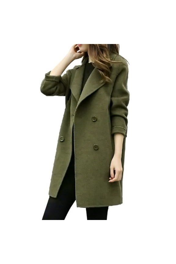 Women Elegant Notched Collar Double Breasted Over Coat Women's Fall Winter Fashion Casual Jacket Casual Outwear Cardigan Slim Coat Overcoat Green M