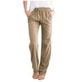 thumbnail image 1 of Dezsed Women Fashion Casual Loose Pants Plus Size Cotton Linen Solid Mid Elastic Waist Pockets Long Straight Leg Pants Khaki B M, 1 of 4