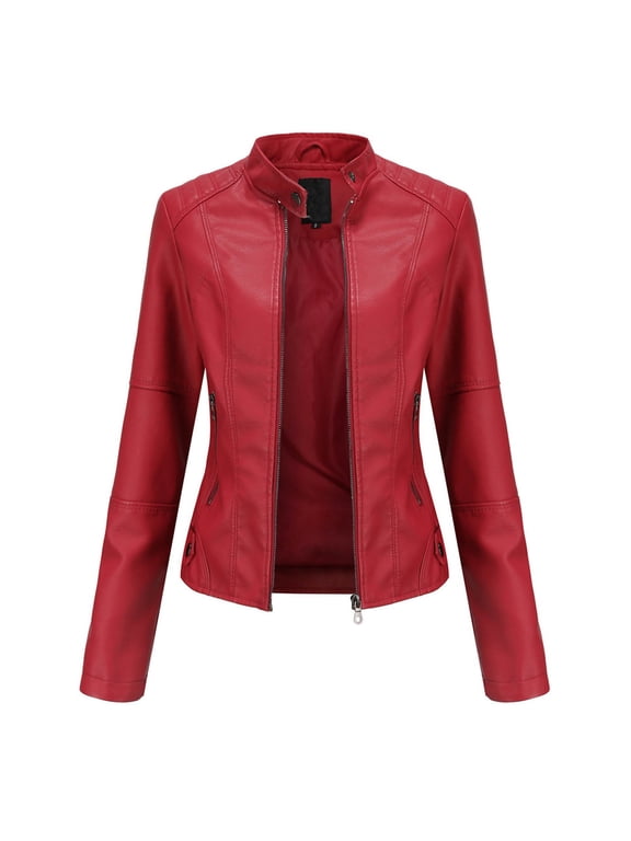 Women Faux Leather Jacket Motorcycle Stand Collar Full Zip Slim Fit Biker Moto Coat Casual Fashion Bomber Outerwear with Pocket Red S