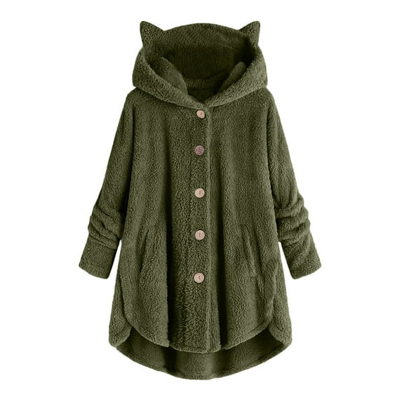 Dezsed Women Fluffy Hooded Jacket Women Plus Size Button Plush Tops Hooded Loose Cardigan Wool Coat Winter Jacket Army Green S