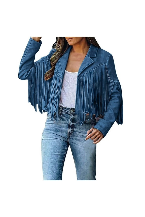 Women Fringe Jacket Faux Suede Tassels 70s Hippie Clothes Fringe Coat For Women Faux Suede Leather Cowboy Style Coat Long Sleeve Tassels Cardigan Coat Dark Blue XXL