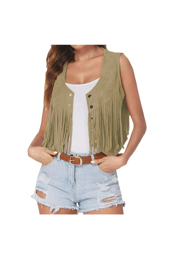 Women Fringe Vests 70s Hippie Faux Suede Rivets Sleeveless Jacket Costume Crop Tassel Vest Jacket Beige L