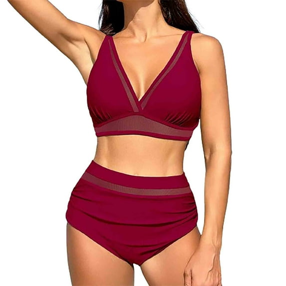 Dezsed Women High Waisted Bikini Sets Tummy Control Swimsuits V Neck Mesh Sheer Tummy Control Two Piece Bathing Suit Red XXL