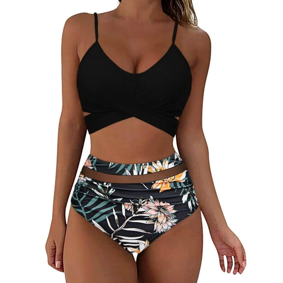 Dezsed Women High Waisted Bikini Sets V Neck Tummy Control Swimsuits Two Piece Bathing Suit Push-Up Padded Swimwear Black M