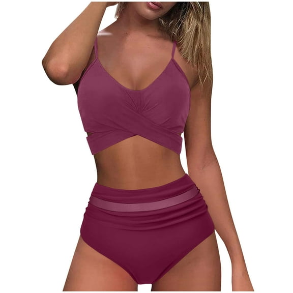Dezsed Women High Waisted Bikini Sets V Neck Tummy Control Swimsuits Two Piece Bathing Suit Push-Up Padded Swimwear Wine XL
