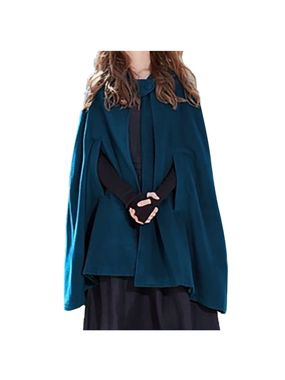 Women Hooded Cape Cloak Coat Loose Batwing Long Sleeve Poncho Shawl Solid Casual Oversized Hooded Poncho Cape Outerwear For Party Blue S
